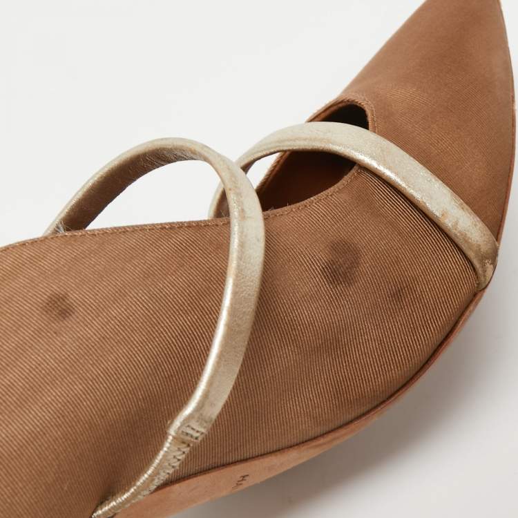Pre Owned Malone Souliers Brown/Gold Fabric and Leather Maureen Mules Size 38.5