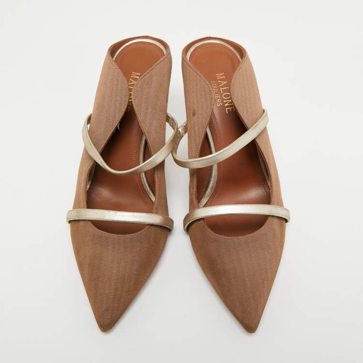 Pre Owned Malone Souliers Brown/Gold Fabric and Leather Maureen Mules Size 38.5