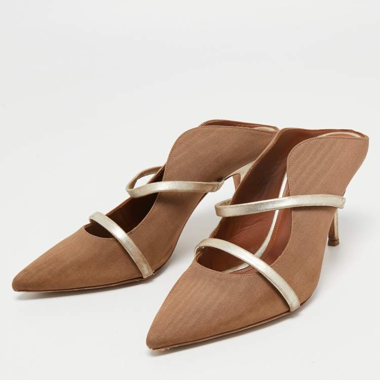 Pre Owned Malone Souliers Brown/Gold Fabric and Leather Maureen Mules Size 38.5