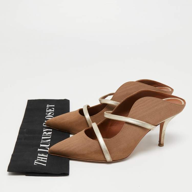 Pre Owned Malone Souliers Brown/Gold Fabric and Leather Maureen Mules Size 38.5