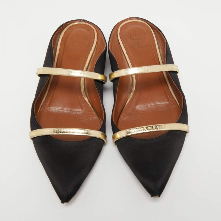 Pre Owned Malone Souliers Black/Gold Satin and Leather Maureen Sandals Size 37.5