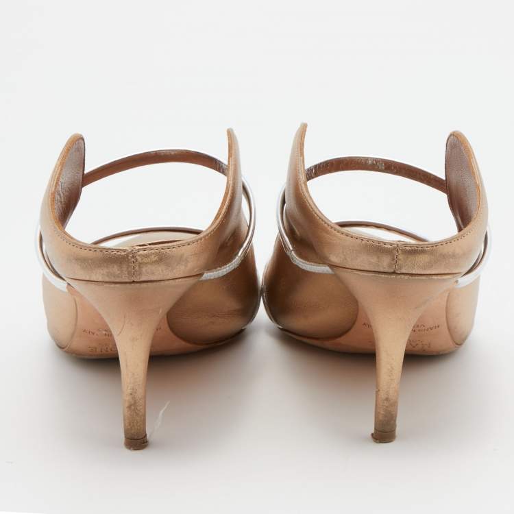 Pre Owned Malone Souliers Metallic Beige/Silver Leather Maureen Pointed Toe Mules Size 39