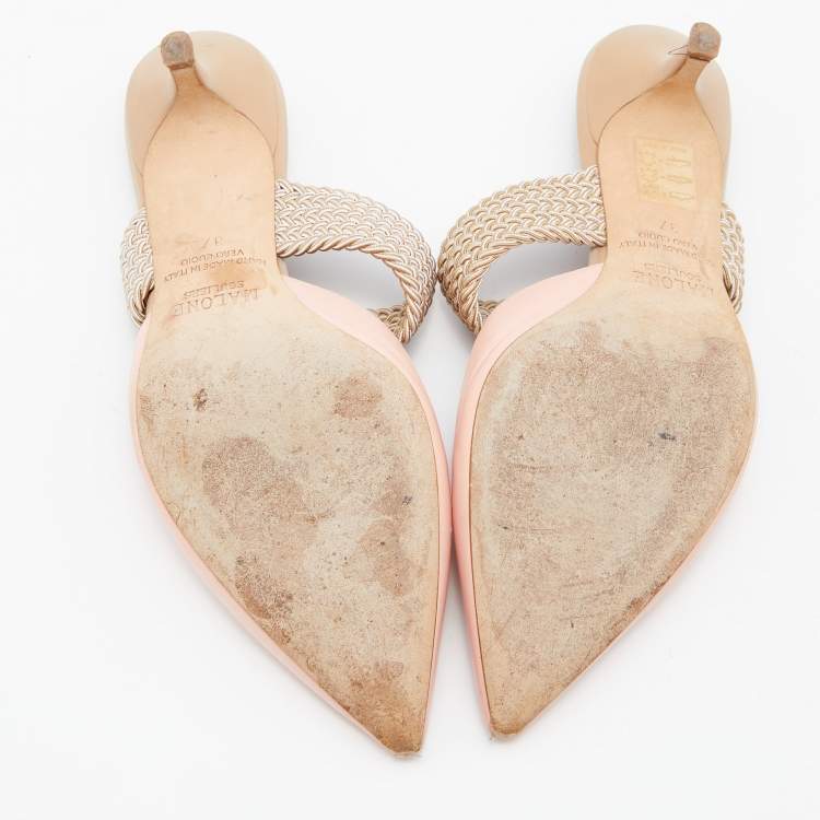 مملوكة مسبقًا Malone Souliers Pink/Beige Leather and Cord Maisie Pointed Toe Mules Size 37