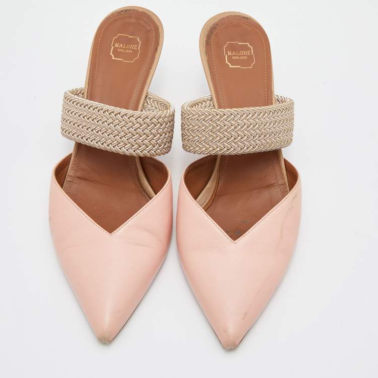 مملوكة مسبقًا Malone Souliers Pink/Beige Leather and Cord Maisie Pointed Toe Mules Size 37