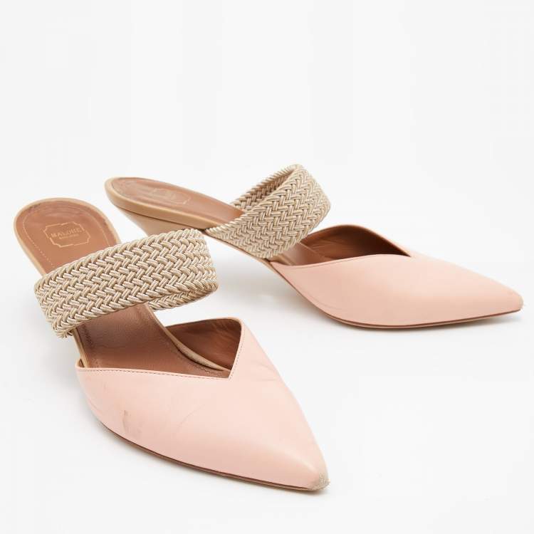 مملوكة مسبقًا Malone Souliers Pink/Beige Leather and Cord Maisie Pointed Toe Mules Size 37