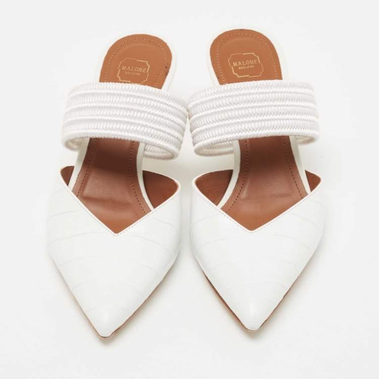 Pre Owned Malone Souliers White Croc Embossed Leather Maisie Mules Size 36