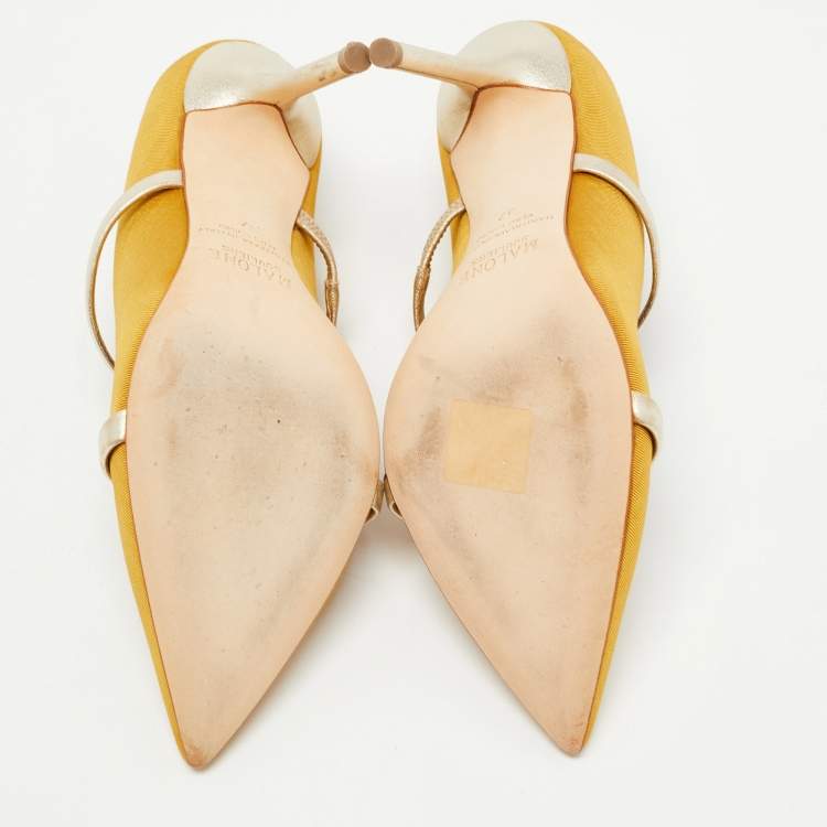 Pre Owned Malone Souliers Yellow/Gold Canvas and Leather Maureen Mules Size 37