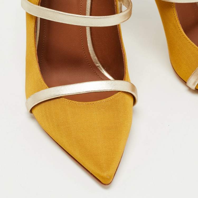 Pre Owned Malone Souliers Yellow/Gold Canvas and Leather Maureen Mules Size 37