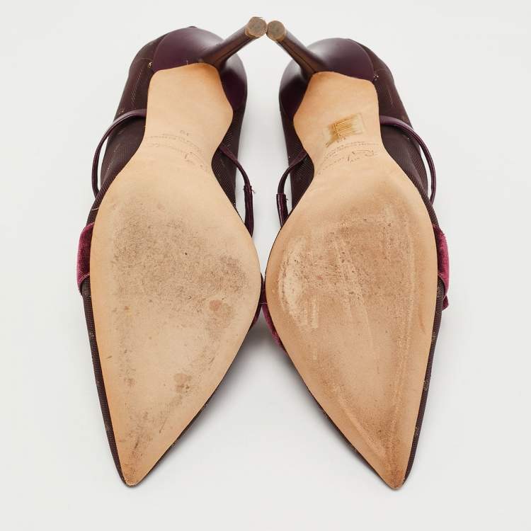 Pre Owned Malone Souliers Burgundy Mesh and Velvet Marguerite Bow Mules Size 38