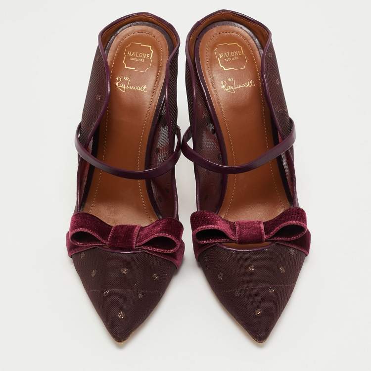 Pre Owned Malone Souliers Burgundy Mesh and Velvet Marguerite Bow Mules Size 38