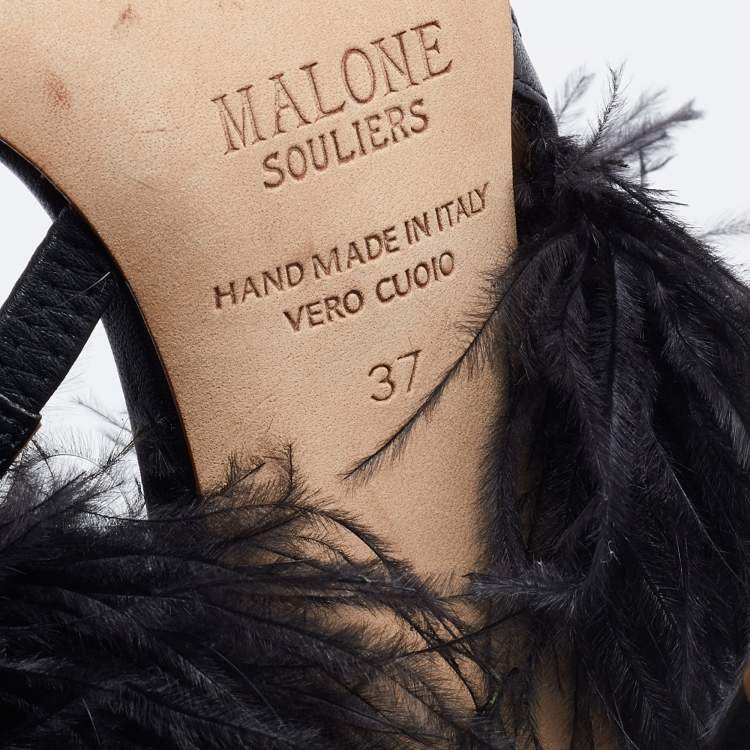 Pre Owned Malone Souliers Black Leather Sonia Feather Slide Sandals Size 37