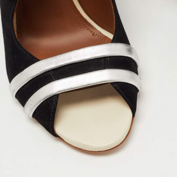 Pre Owned Malone Souliers Black/Silver Suede and Leather Maureen Block Heel Mules Size 38