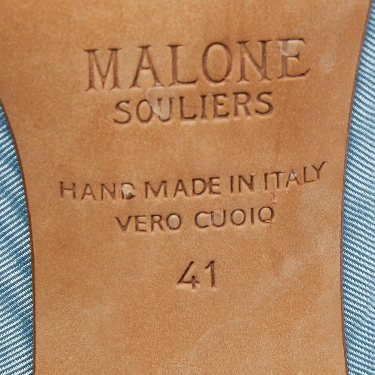 Pre Owned Malone Souliers Blue/Silver Moire Fabric and Leather Maureen Mules Size 41