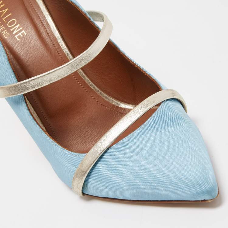 Pre Owned Malone Souliers Blue/Silver Moire Fabric and Leather Maureen Mules Size 41