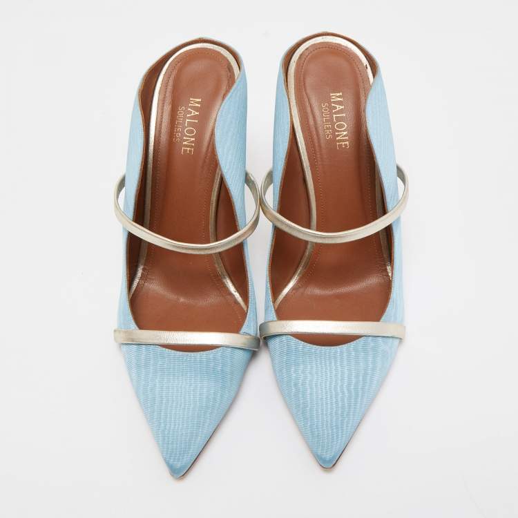 Pre Owned Malone Souliers Blue/Silver Moire Fabric and Leather Maureen Mules Size 41