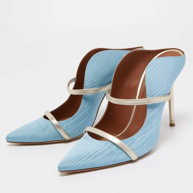 Pre Owned Malone Souliers Blue/Silver Moire Fabric and Leather Maureen Mules Size 41