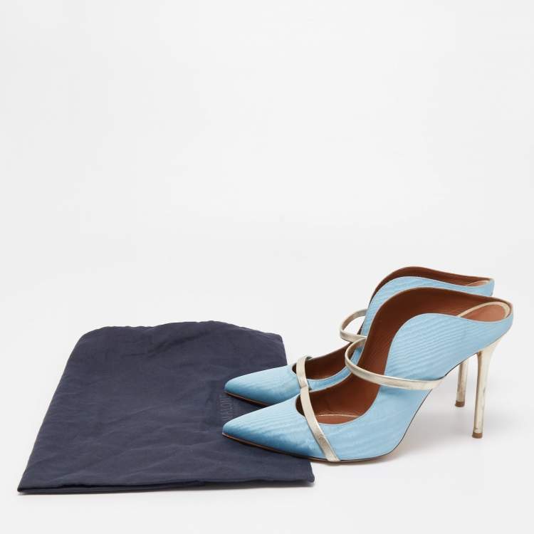 Pre Owned Malone Souliers Blue/Silver Moire Fabric and Leather Maureen Mules Size 41