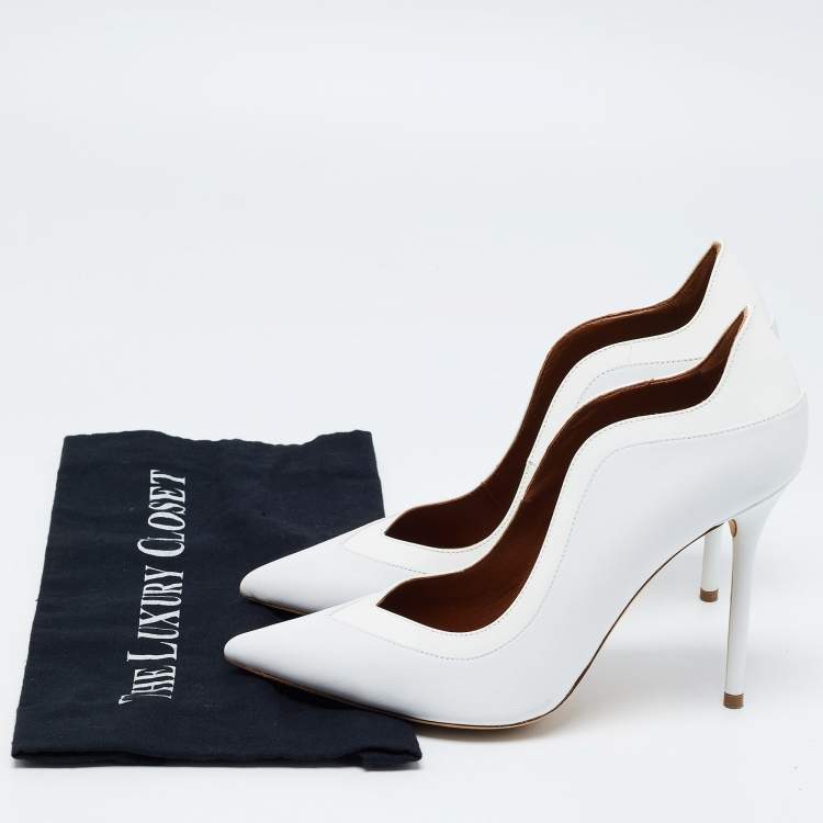 Pre Owned Malone Souliers White Leather and Patent Penelope Pointed Toe Pumps Size 39.5