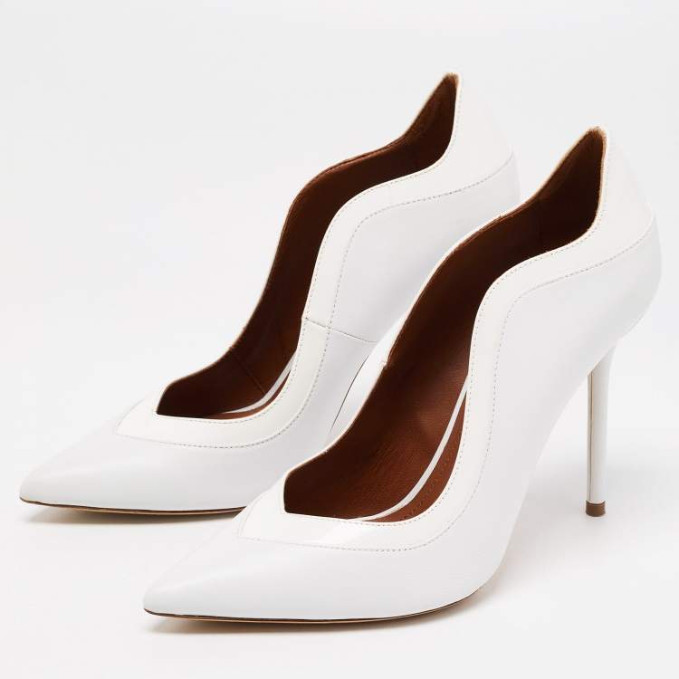Pre Owned Malone Souliers White Leather and Patent Penelope Pointed Toe Pumps Size 39.5