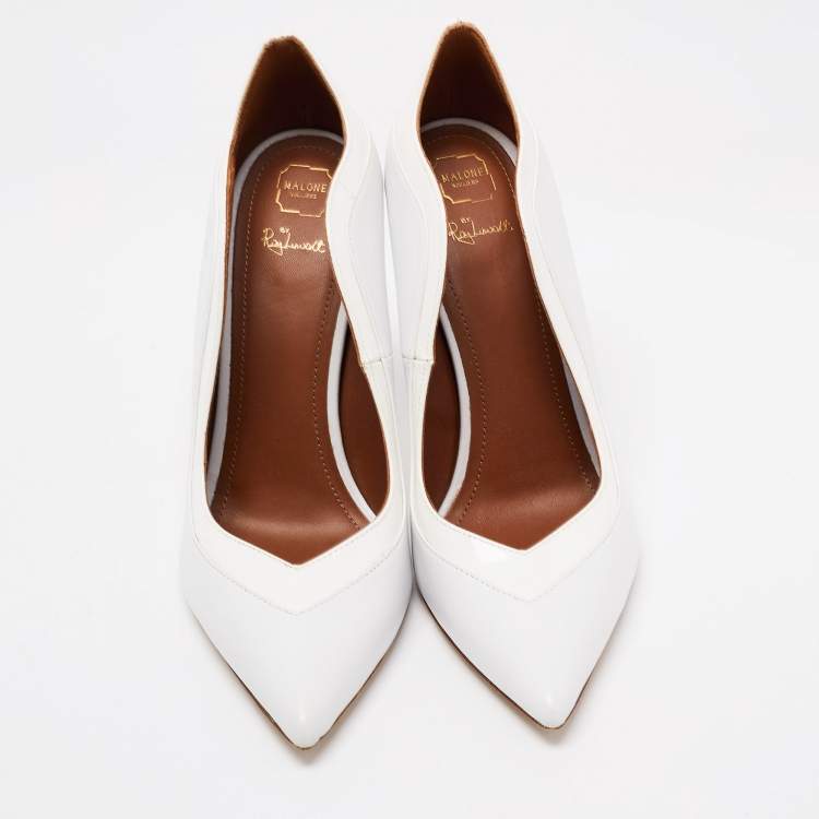 Pre Owned Malone Souliers White Leather and Patent Penelope Pointed Toe Pumps Size 39.5