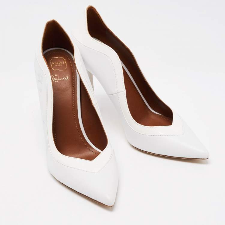 Pre Owned Malone Souliers White Leather and Patent Penelope Pointed Toe Pumps Size 39.5