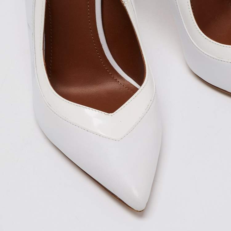 Pre Owned Malone Souliers White Leather and Patent Penelope Pointed Toe Pumps Size 39.5