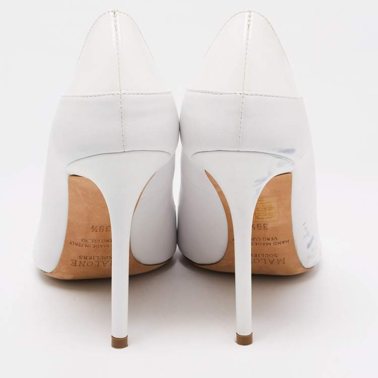 Pre Owned Malone Souliers White Leather and Patent Penelope Pointed Toe Pumps Size 39.5