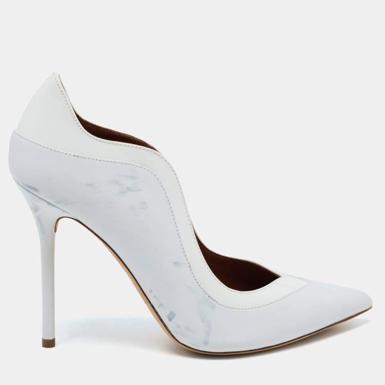 Pre Owned Malone Souliers White Leather and Patent Penelope Pointed Toe Pumps Size 39.5