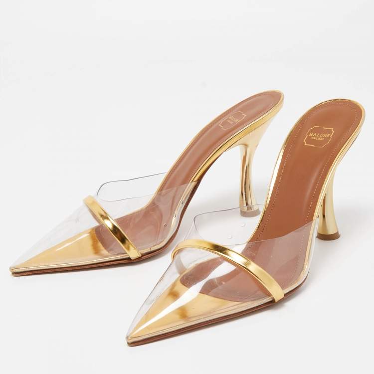 مملوكة مسبقًا Malone Souliers Gold Patent Leather and PVC Joella Mule Sandals Size 38.5