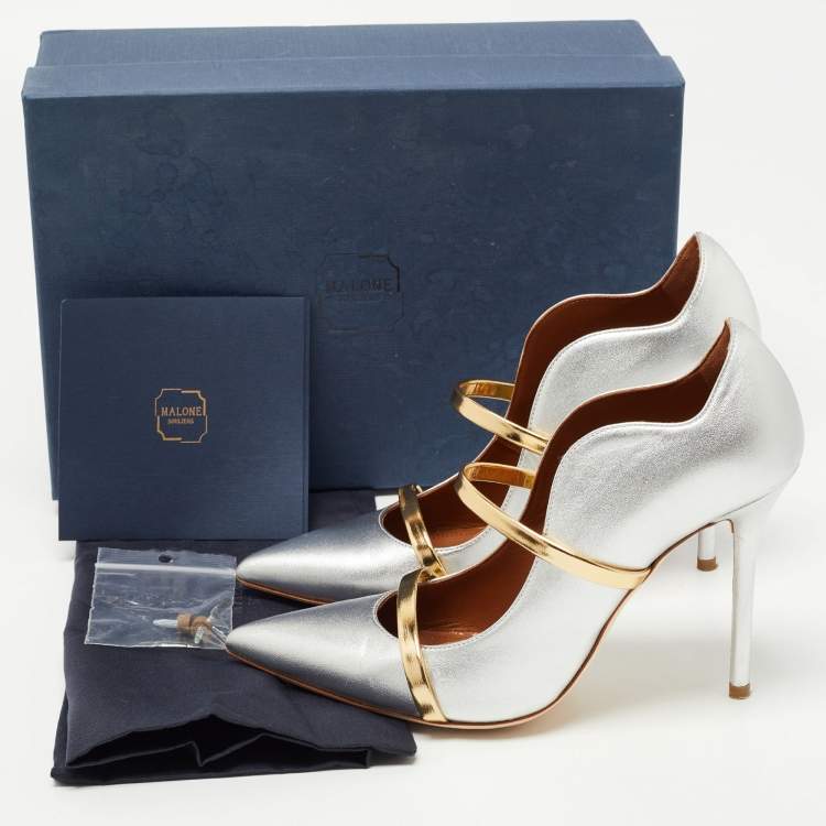 Pre Owned Malone Souliers Silver Foil Leather Maureen Pointed Toe Pumps Size 37.5