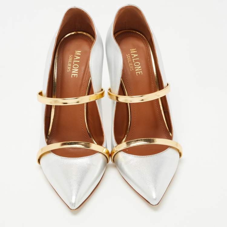 Pre Owned Malone Souliers Silver Foil Leather Maureen Pointed Toe Pumps Size 37.5
