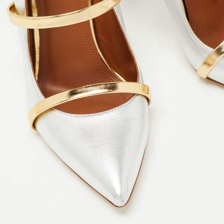 Pre Owned Malone Souliers Silver Foil Leather Maureen Pointed Toe Pumps Size 37.5