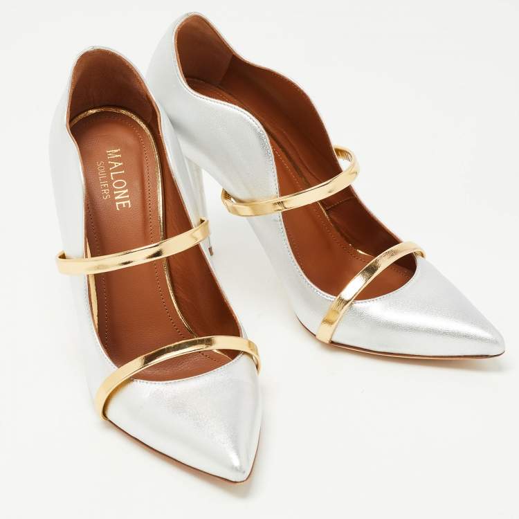 Pre Owned Malone Souliers Silver Foil Leather Maureen Pointed Toe Pumps Size 37.5
