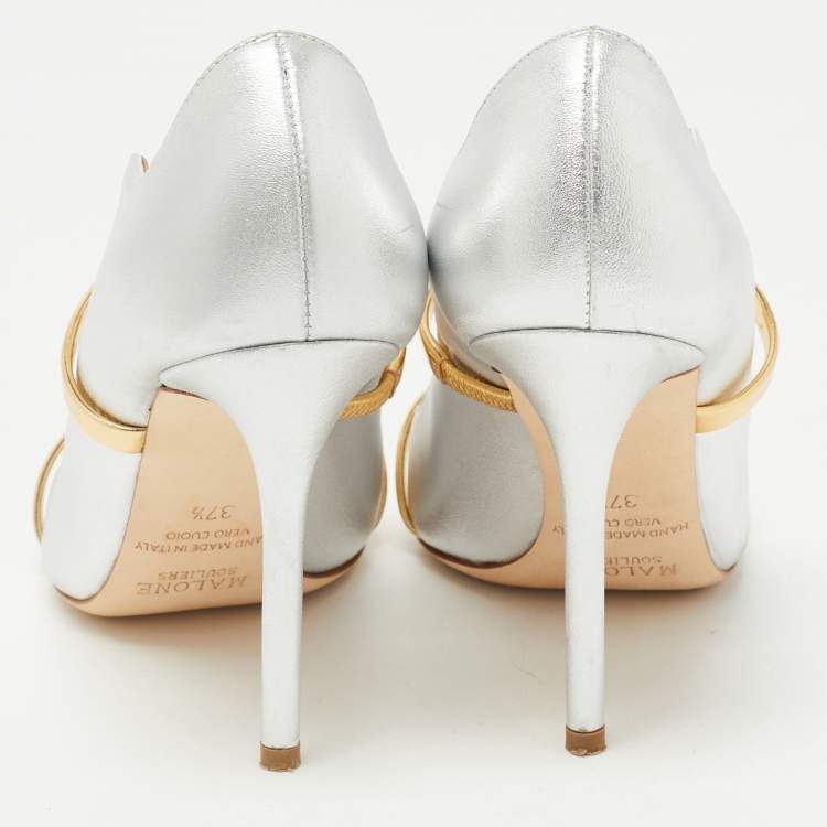 Pre Owned Malone Souliers Silver Foil Leather Maureen Pointed Toe Pumps Size 37.5