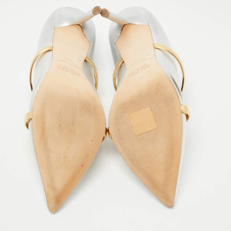 Pre Owned Malone Souliers Silver Foil Leather Maureen Pointed Toe Pumps Size 37.5