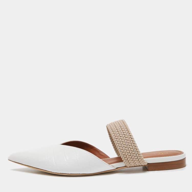 Pre Owned Malone Souliers White Croc Embossed Leather Maisie Flat Mules Size 42