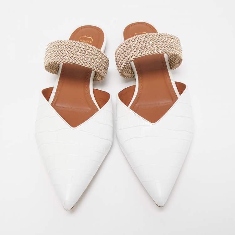 Pre Owned Malone Souliers White Croc Embossed Leather Maisie Flat Mules Size 42
