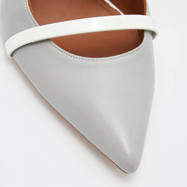Pre Owned Malone Souliers Grey/White Leather Maureen Pointed Toe Mules Size 39.5