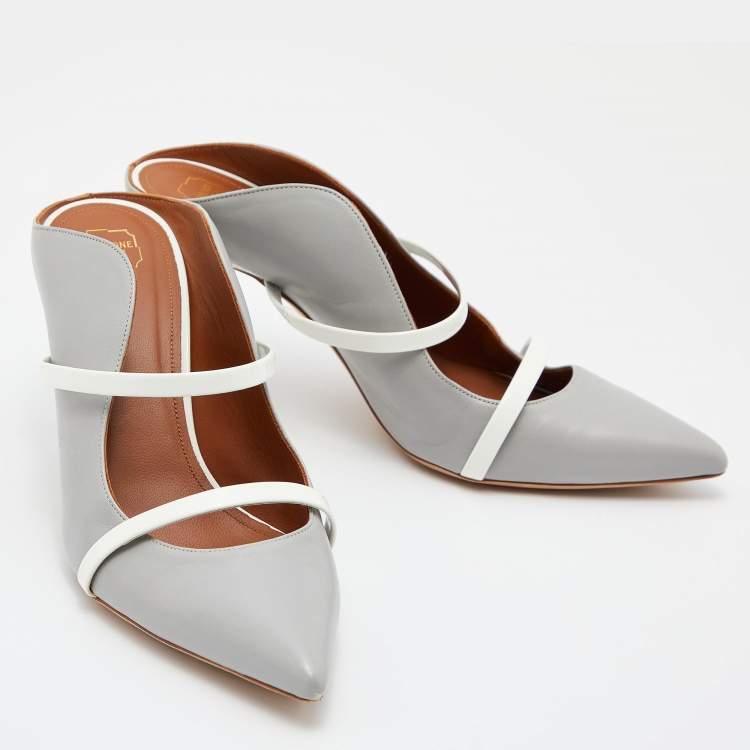 Pre Owned Malone Souliers Grey/White Leather Maureen Pointed Toe Mules Size 39.5