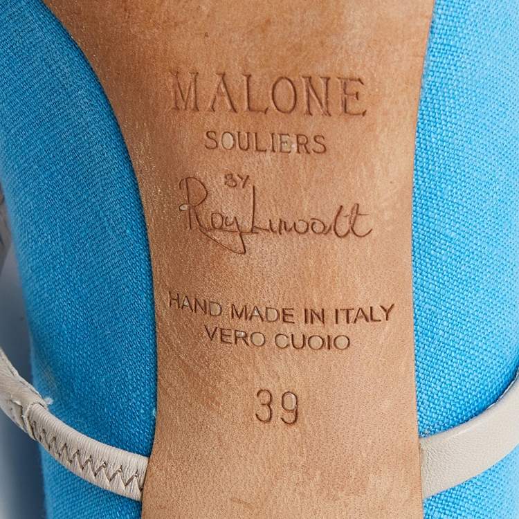 Pre Owned Malone Souliers Blue/Beige Canvas and Leather Maureen Pointed Toe Mules Size 39