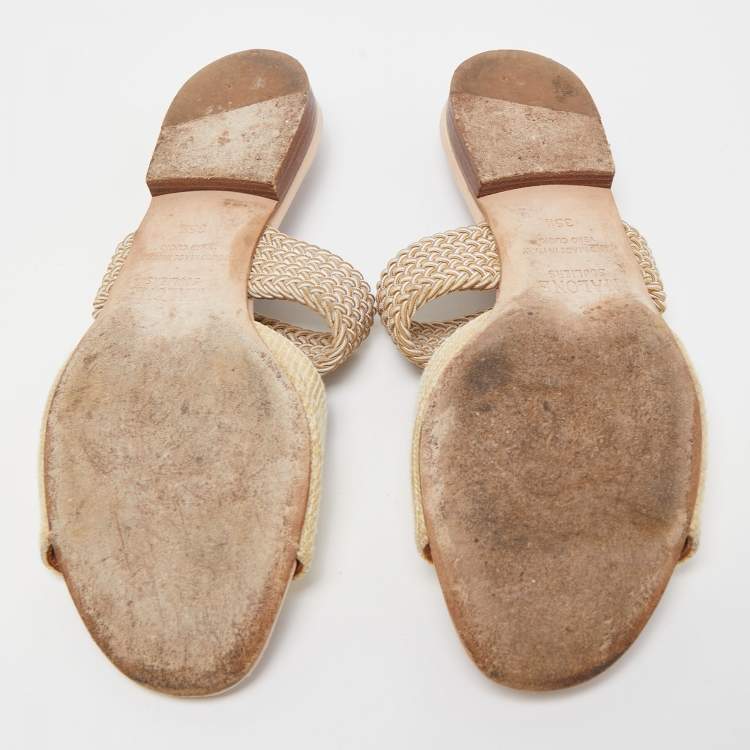 Pre Owned Malone Souliers Cream Woven Raffia Flat Slides Size 35.5