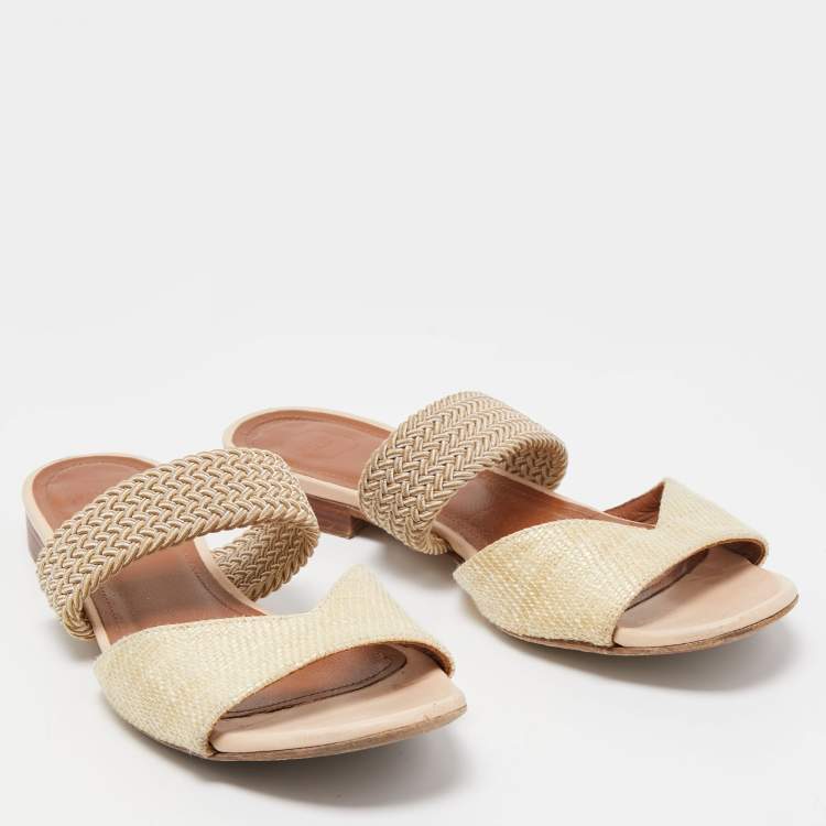 Pre Owned Malone Souliers Cream Woven Raffia Flat Slides Size 35.5