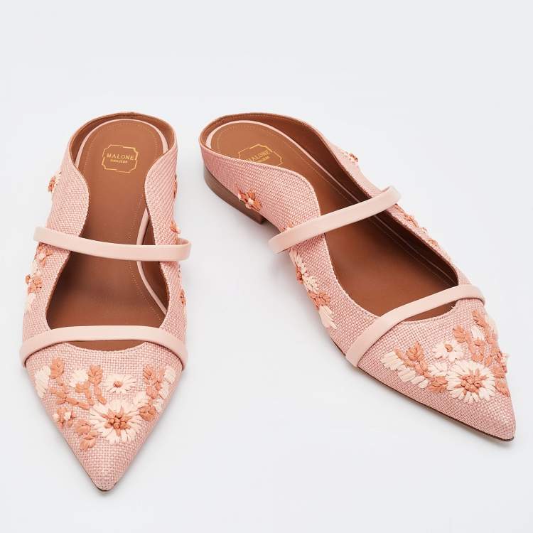 Pre Owned Malone Souliers Pink Raffia and Leather Maureen Flats Size 39