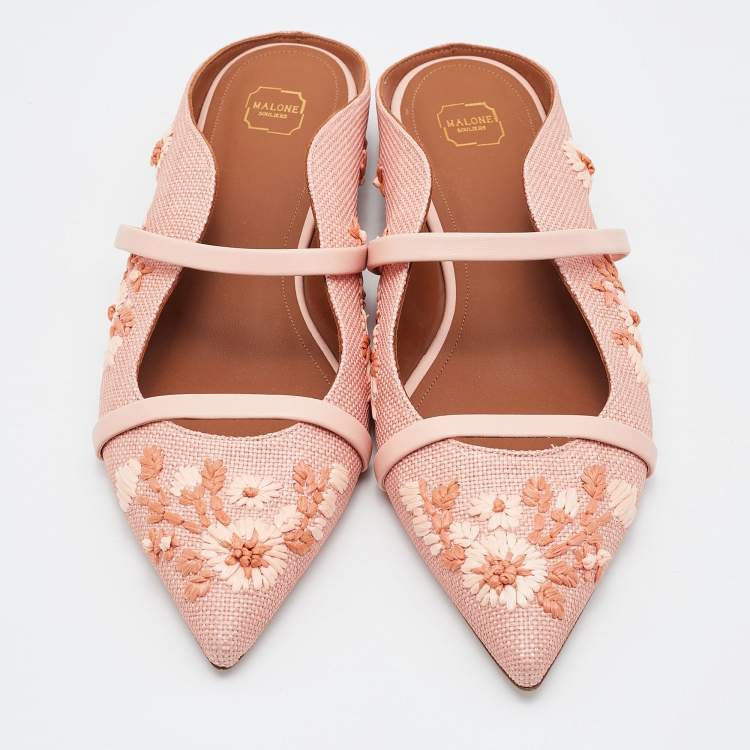 Pre Owned Malone Souliers Pink Raffia and Leather Maureen Flats Size 39