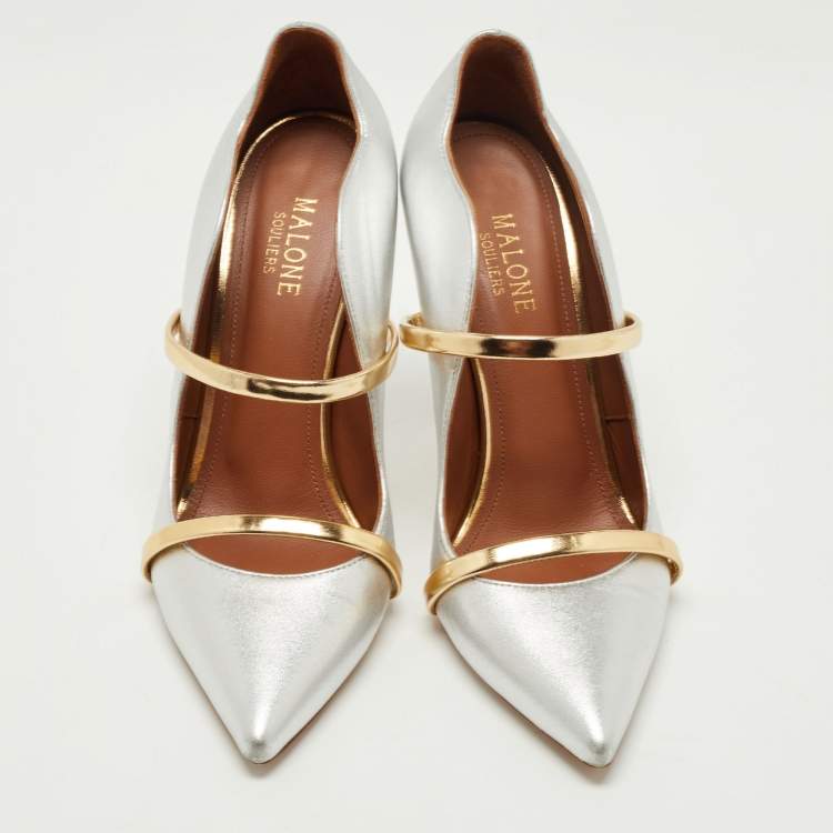 Pre Owned Malone Souliers Silver/Gold Leather Maureen Pumps Size 38
