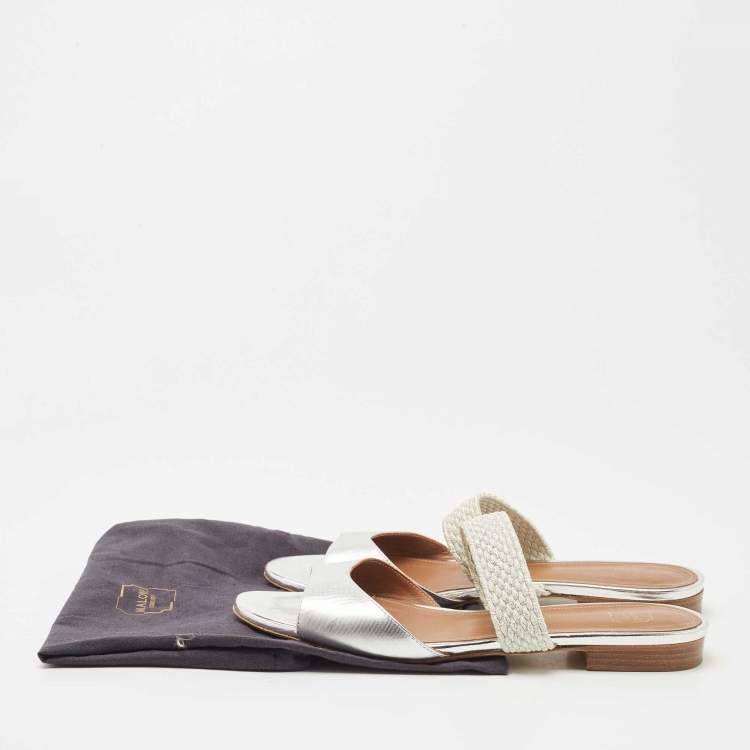 Pre Owned Malone Souliers Silver Leather Slide Flats Size 37.5