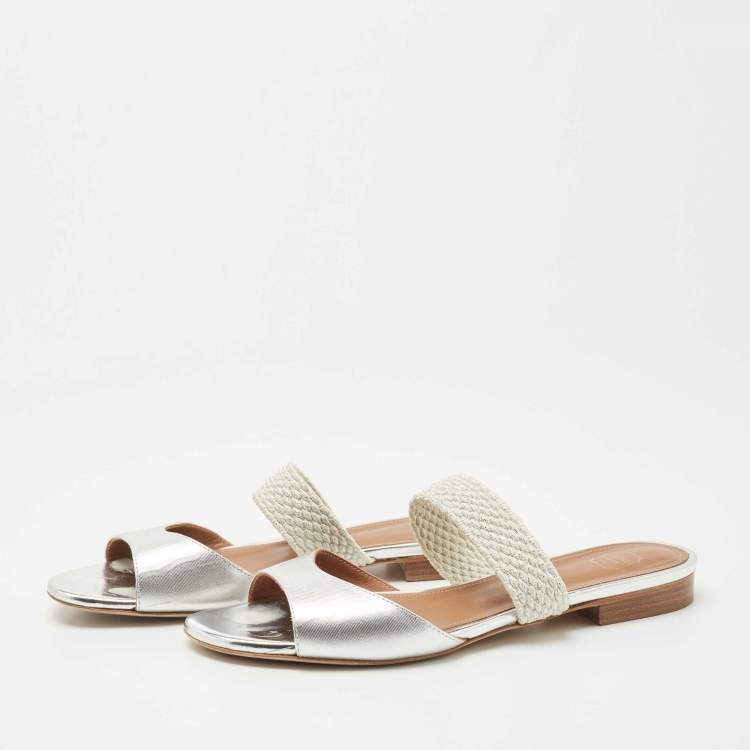Pre Owned Malone Souliers Silver Leather Slide Flats Size 37.5