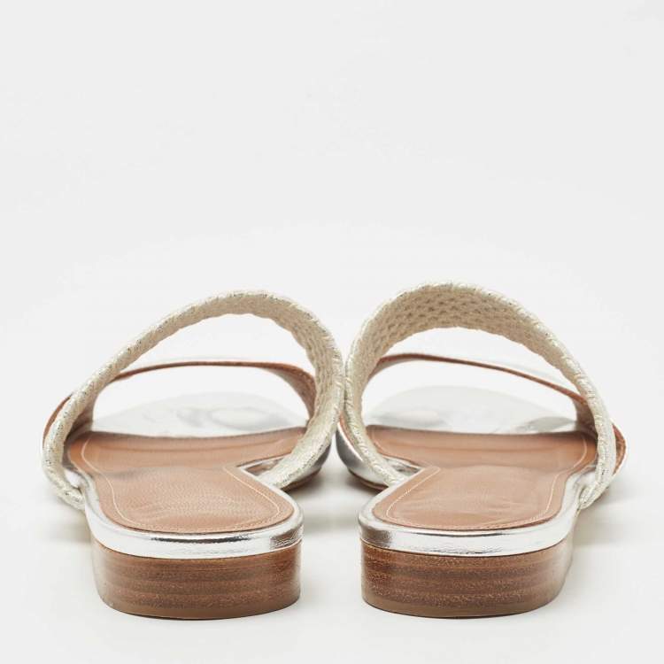 Pre Owned Malone Souliers Silver Leather Slide Flats Size 37.5