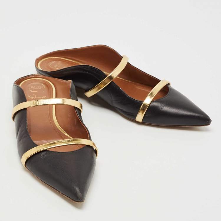 Pre Owned Malone Souliers Black/Gold Leather Maureen Flats Size 37.5
