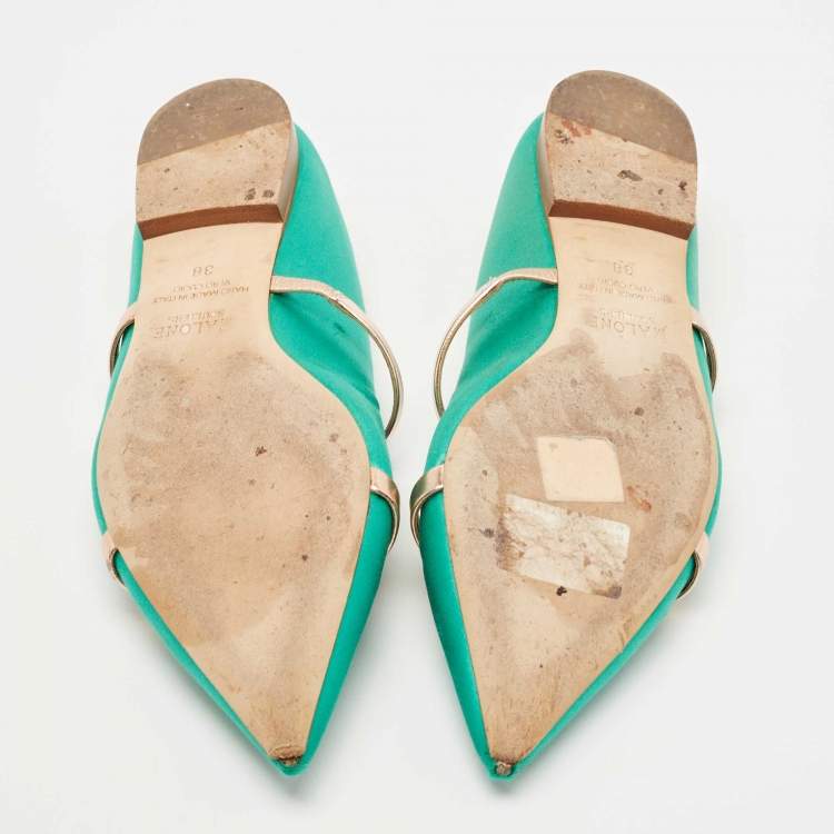 Pre Owned Malone Souliers Green/Rose Gold Satin and Leather Maureen Flat Mules Size 38